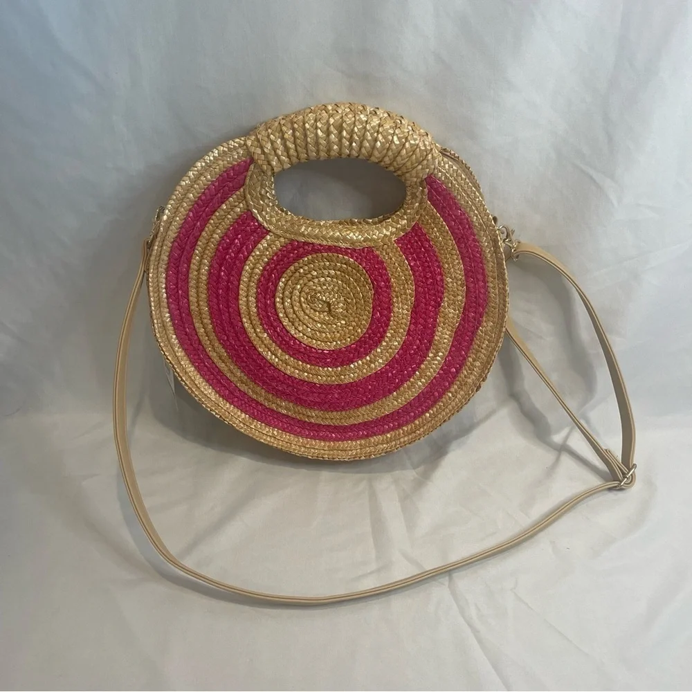 Mud Pie NWT Round Straw Bag with Hot Pink Circles Shoulder Strap and Handles - Picture 8 of 16